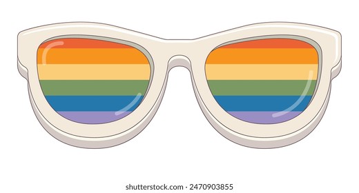 LGBT sunglasses retro groovy hipster style with pride rainbow lens and white frame isolated on transparent background. Retro vintage Pride day, LGBT and LGBTQ sunglasses icon, sticker, poster