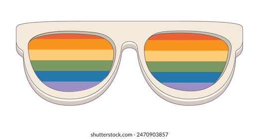 LGBT sunglasses retro groovy hipster style with pride rainbow lens and white frame isolated on transparent background. Retro vintage Pride day, LGBT and LGBTQ sunglasses icon, sticker, poster