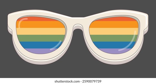 LGBT sunglasses retro groovy hipster style with pride rainbow lens and white frame isolated on grey background. Retro vintage Pride day, LGBT and LGBTQ sunglasses icon, sticker, poster and label