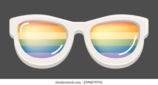 LGBT sunglasses retro groovy hipster style with pride rainbow lens and white frame isolated on grey background. Retro vintage Pride day, LGBT and LGBTQ sunglasses icon, sticker, poster and label