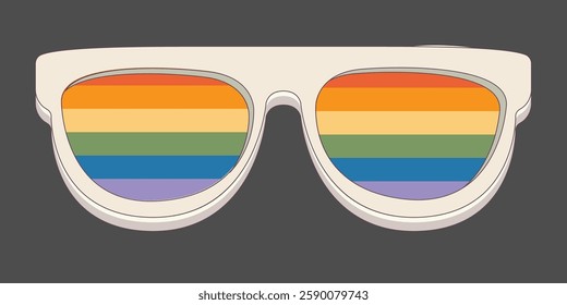 LGBT sunglasses retro groovy hipster style with pride rainbow lens and white frame isolated on grey background. Retro vintage Pride day, LGBT and LGBTQ sunglasses icon, sticker, poster and label