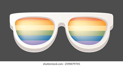 LGBT sunglasses retro groovy hipster style with pride rainbow lens and white frame isolated on grey background. Retro vintage Pride day, LGBT and LGBTQ sunglasses icon, sticker, poster and label