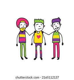 LGBT support group symbol.  Three gay men isolated on white. Pride month. Vector illustration design element for leaflet, magnet, sticker, booklet.