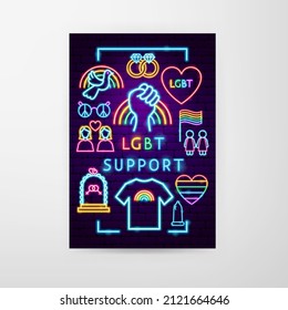 LGBT Support Neon Flyer. Vector Illustration of Pride Promotion.