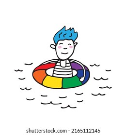 LGBT support symbol. Gay man swims with a lifebuoy. Pride month. Vector illustration design element for leaflet, magnet, sticker, booklet.