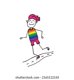 LGBT support symbol.  Happy gay on a morning jog. Pride month. Vector illustration design element for leaflet, magnet, sticker, booklet.