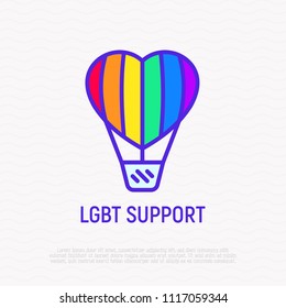 LGBT support thin line icon: aerostat with rainbow balloon in heart shape. Modern vector illustration.