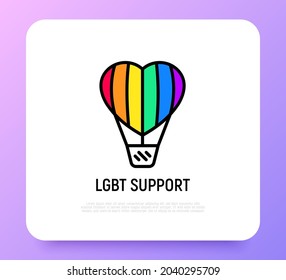 LGBT support thin line icon: aerostat with rainbow balloon in heart shape. Modern vector illustration.