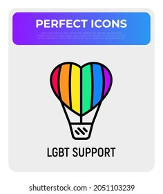 Icono de línea delgada de apoyo LGBT: aerostático con globo arco iris en forma de corazón. Ilustración vectorial moderna.