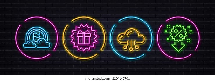 Lgbt, Surprise gift and Cloud computing minimal line icons. Neon laser 3d lights. Discount icons. For web, application, printing. Rainbow flag, Shopping offer, Online storage. Sale shopping. Vector