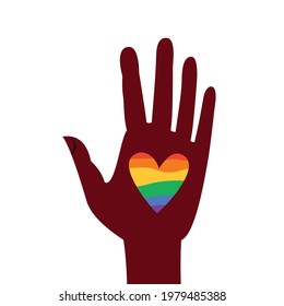 lgbt symbol, heart in palm, gay community rainbow flag flat vector illustration