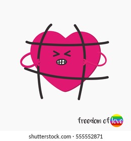 LGBT symbol patch heart that breaks the bars imprisoned. Message the freedom of love. Vector illustration isolated on white background. sticker, pin, icon, sign, patch in cartoon 80s-90s comic style