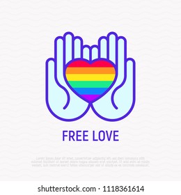 LGBT symbol, rainbow heart in hands thin line icon. Modern vector illustration.