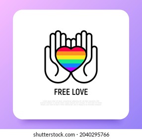 LGBT symbol, rainbow heart in hands thin line icon. Modern vector illustration.