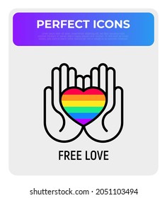 LGBT symbol, rainbow heart in hands thin line icon. Modern vector illustration.