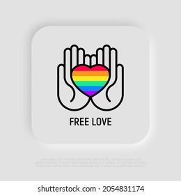 LGBT symbol, rainbow heart in hands thin line icon. Modern vector illustration.