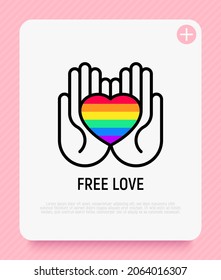 LGBT symbol, rainbow heart in hands thin line icon. Modern vector illustration.