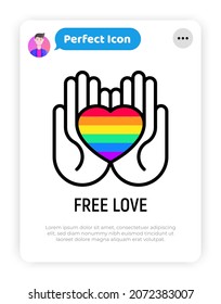 LGBT symbol, rainbow heart in hands thin line icon. Modern vector illustration.