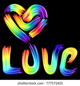 LGBT Symbol. Rainbow Heart and Word Love on Black Background