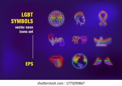 LGBT symbols neon signs set. Rainbow hair, wings, planet, tongue. Night bright advertising. Vector illustration in neon style for parade banners, posters, pride flyers design