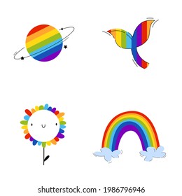 Lgbt symbols with planet, whale, rainbow and flowers. Vector stock illustration