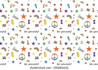 LGBT symbols - seamless pattern on white background. Flags, hearts, rainbows, badges - in LGBT colors. Lettering: Love, Be yourself.  Colorful pride designs. Vector illustration. EPS10