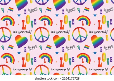 LGBT symbols - seamless pattern on white background. Flags, hearts, rainbows, badges - in LGBT colors. Lettering: Love, Be yourself.  Colorful pride designs. Vector illustration. EPS10