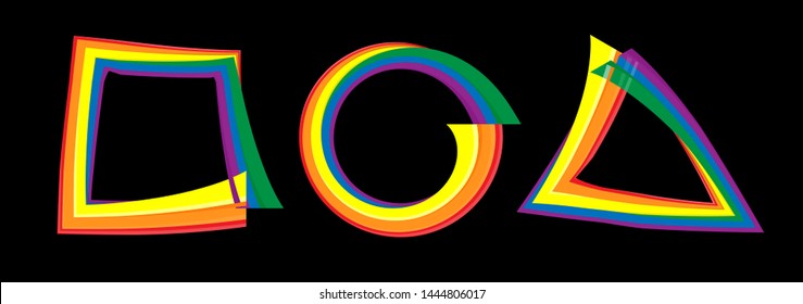 LGBT symbols set, colored brush stroke. Colorful geometric shapes set. Isolated vector illustrations on black background.