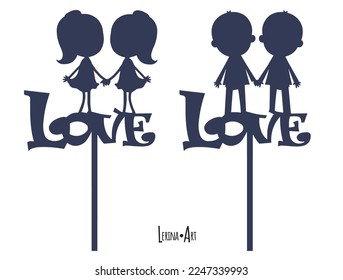 LGBT. Template laser cutting machine for wood and metal.  For St. Valentine's Day. Topper for cake and sweets. Boy and boy holding hands. Girl and girl holding hands. Love. Decor.