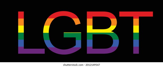 LGBT Text Banner, Vektorgrafik einzeln auf schwarzem Hintergrund. Typografie mit LGBT Gay Pride Flag Farben. Lesbische schwule Bisexuelle Transgender Gemeinschaft Stolz. Gay Parade Symbol Wort.