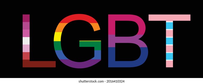 LGBT Text Banner vector illustration isolated on black background. Typography with L Lesbian flag, G Gay Pride flag colors. B Bisexual flag. T Transgender community pride. Gay parade symbol word.