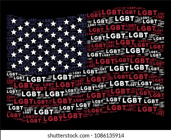 LGBT text items are arranged into waving USA flag abstraction on a dark background. Vector collage of America state flag is made with LGBT text items.