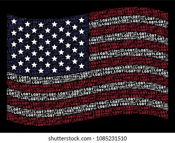 LGBT text items are grouped into waving American flag abstraction on a dark background. Vector collage of USA state flag is created of LGBT text items. Designed for political and patriotic projects.