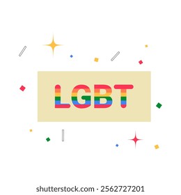 LGBT Text In Rainbow Colors Surrounded By Confetti In Flat Vector Illustration Symbolizing Celebration, Identity, And Pride, Isolated On White Background.