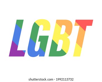 Texto LGBT con rayas arco iris aisladas en fondo blanco. Tolerancia y amor. Símbolo de minorías sexuales, gays y lesbianas, personas transgénero. Diseño de pancartas y afiches. Ilustración del vector