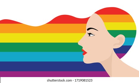 LGBT transgender concept beautiful woman with rainbow color long hair. LGBT design concept background. LGBT pride month concept 
