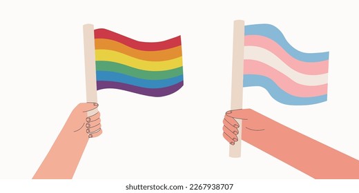 LGBT and transgender flags. Two hands holding flags are symbols of the LGBT+ community. Rainbow flag for pride month.Vector cartoon illustration.