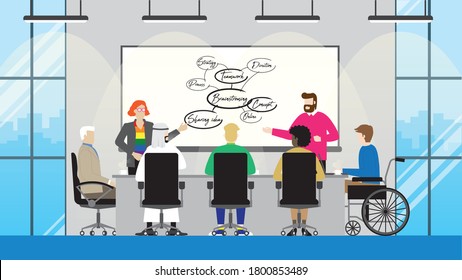 LGBT, transgender, Gay, Muslim, Handicapped, Black lady, Diversity people. Collaboration process multicultural skill of diverse employee brainstorming in office meeting room. Sharing idea diagram.