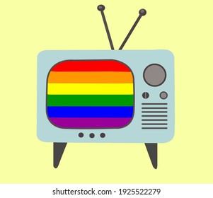 LGBT-TV-Bildschirm. Retro-TV mit Bildschirm, der LGBT-Flagge mit Regenbogen zeigt.