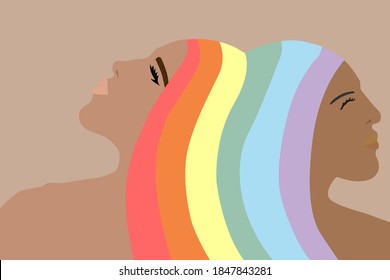 LGBT zwei lesbische Mädchen. Haare in den Farben der Regenbogenflagge