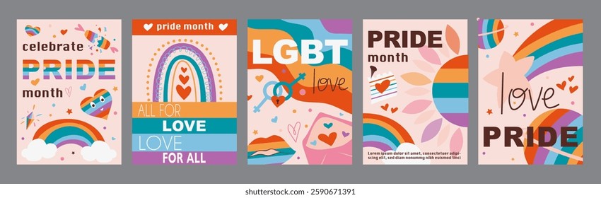 Lgbt typography template posters. Vertical covers with colourful rainbow flags, pride month festival signs, love and freedom rights event. Modern banners set in minimalism design. Vector illustration.