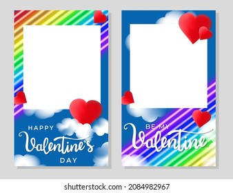 LGBT Valentine's day photo booth prop with neon flag colors, red hearts and clouds. Happy Valentine's day photo frame Concept for decoration, selfie or party, 14 February rainbow vector illustration