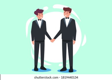 LGBT vector concept: Gay couple celebrating their wedding ceremony while wearing tuxedo and holding hands