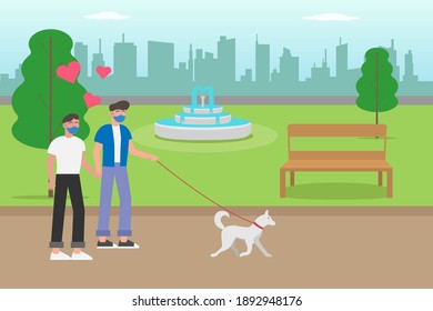 LGBT vector concept: Gay couple walking in the park together with their pet while wearing face mask 