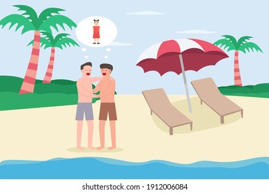 LGBT vector concept: Gay couple imagining child together while enjoying holiday in the beach
