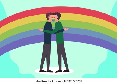 LGBT vector concept: Homosexual couple kissing and hugging together with rainbow on the background