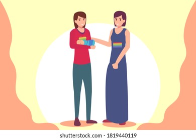 LGBT Vector concept: Lesbian couple smiling and having fun together with their baby 