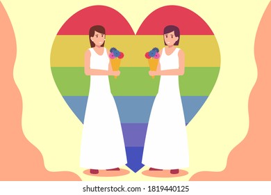 Concepto de vector LGBT: La pareja de lesbianas celebra su ceremonia de boda con vestido de novia 