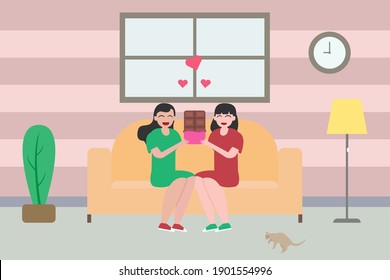LGBT vector concept: Lesbian couple sitting together on the sofa while holding  chocolate 