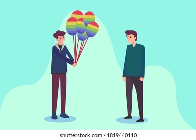 LGBT vector concept: Young man giving rainbow balloons to his boyfriend while smiling together